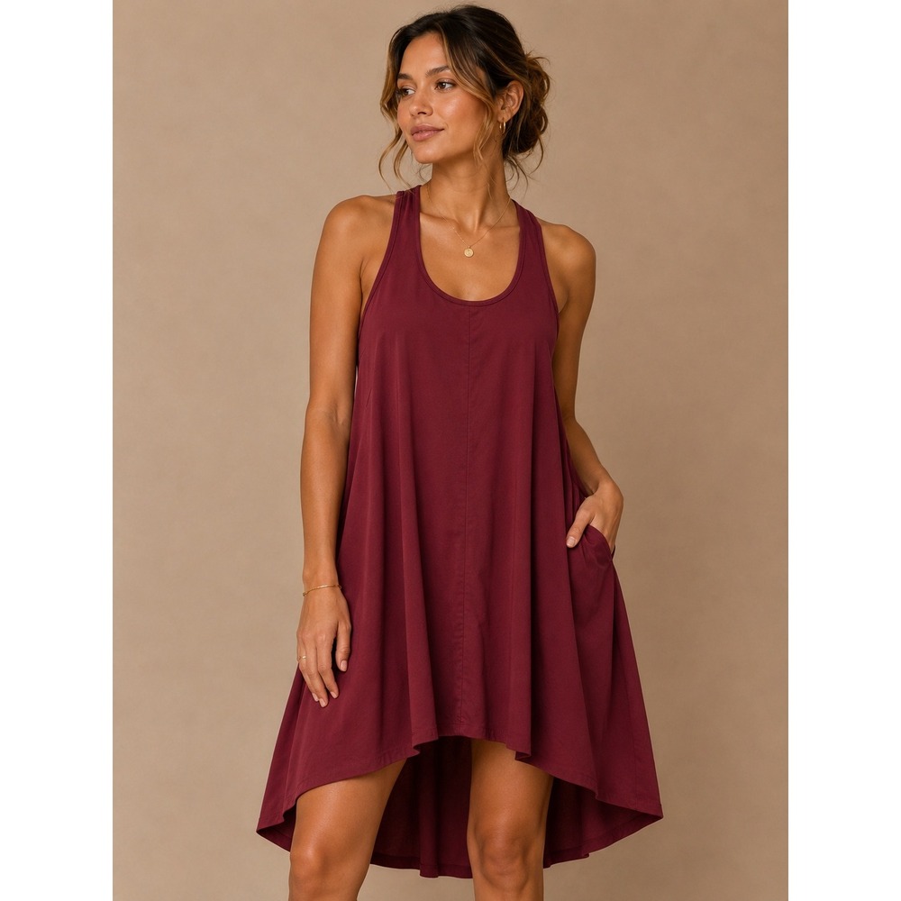 Free Fly Women Dress Medium Burgundy High-Low Racerback Bamboo Blend Pockets